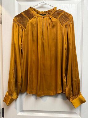 NWT Rachel Zoe Silky Satin Women Blouse XS Mustard Balloon Sleeves Smocked